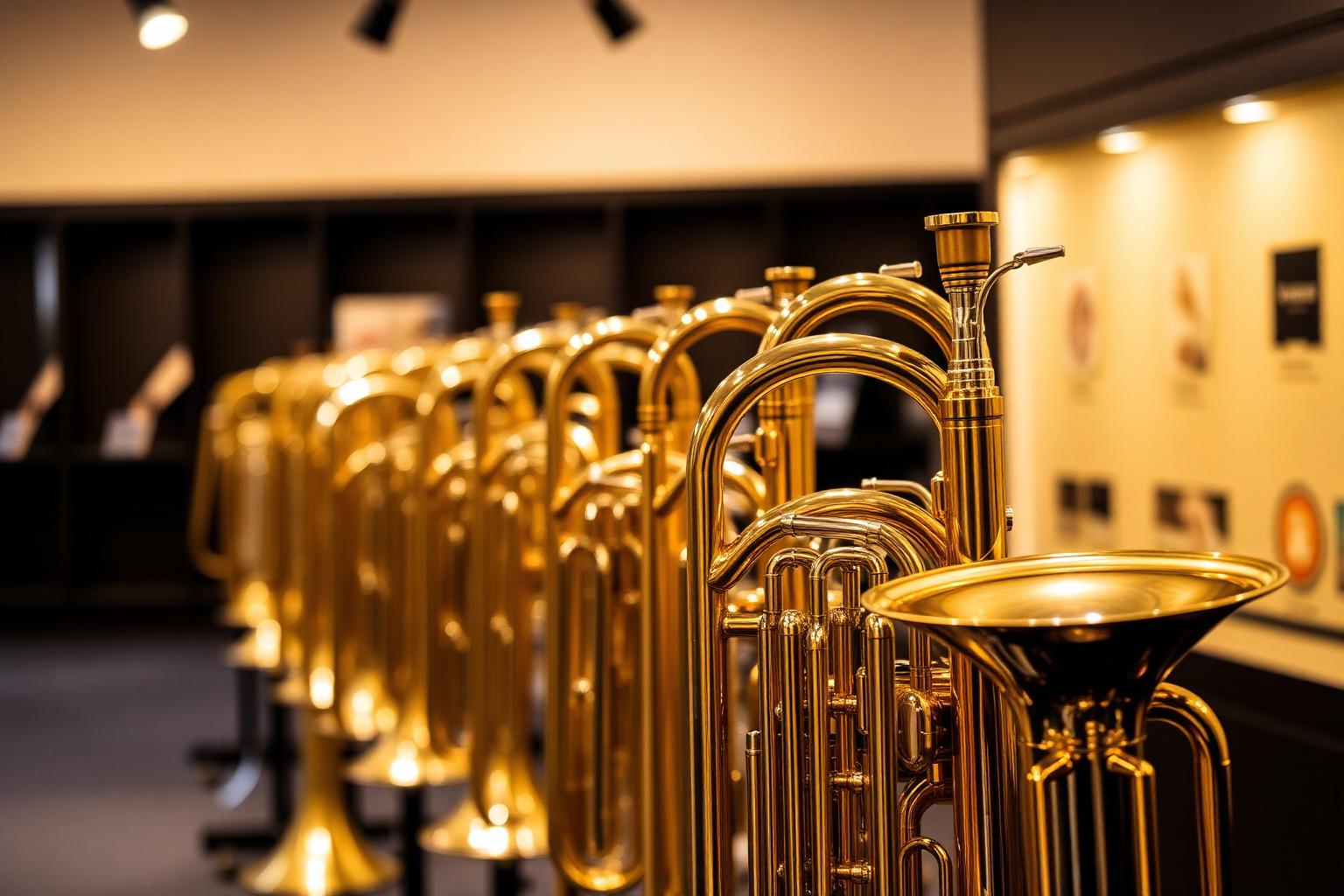 Instrumentos de sopro expostos em showroom com iluminação editorial