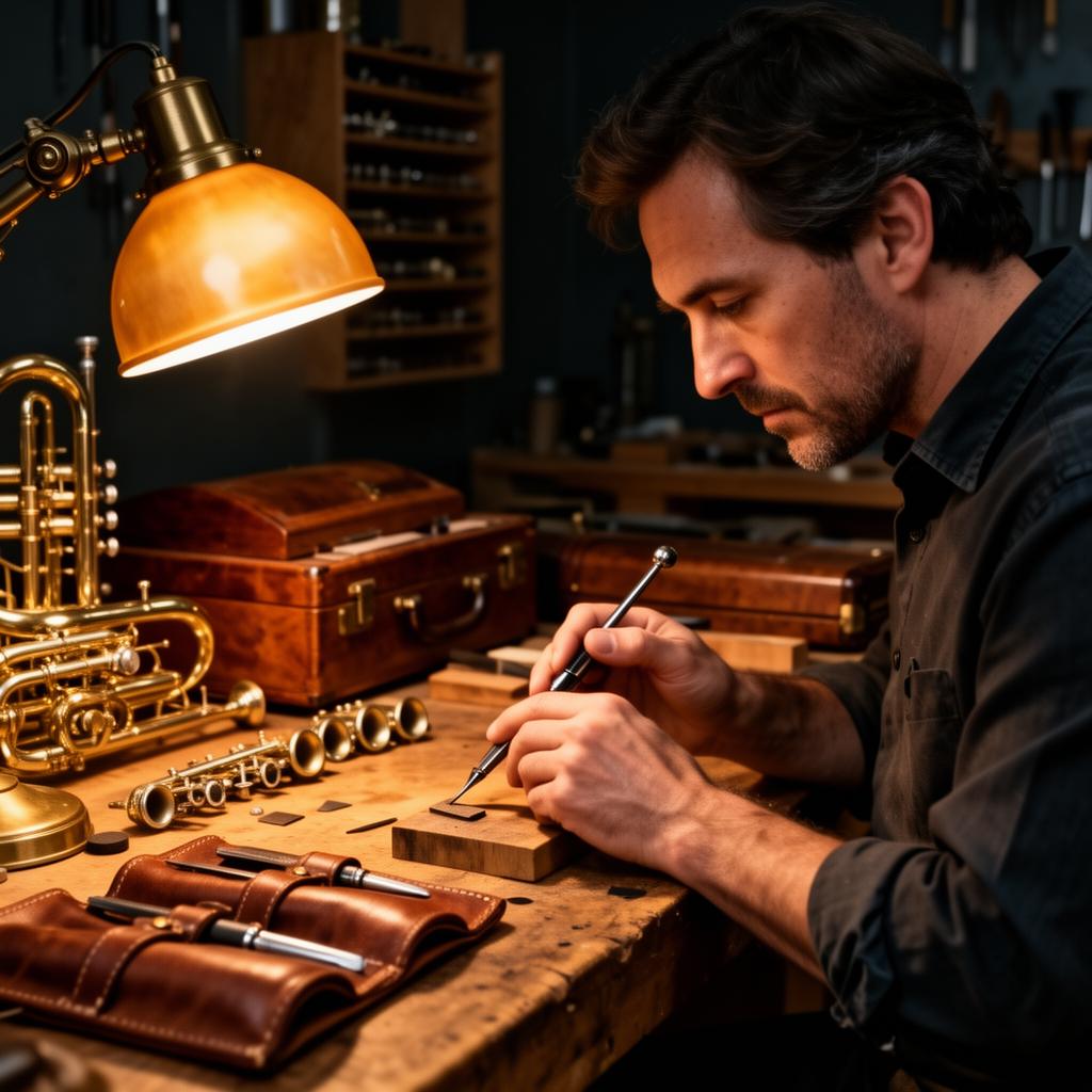 Retrato do luthier em bancada de trabalho